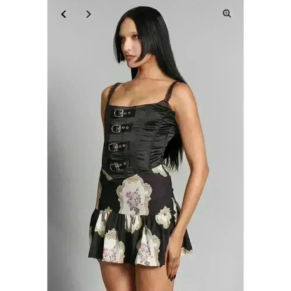 Black Floral Mini Dress with Buckle Bodice